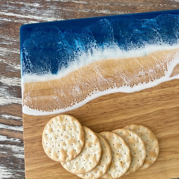 Ocean Waves Resin Wood Cutting Board Charcuterie Board Cheeseboard Beach House - Picture 3 of 5